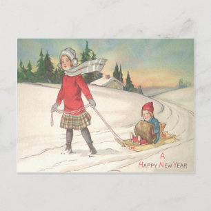 Süße Kinder beim Schlittenfahren Schlitten Schnee Postkarte