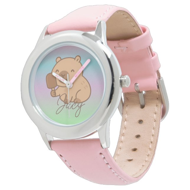 Süße Kinder Capybara isst Eisregenbogen Armbanduhr (Schrägansicht)