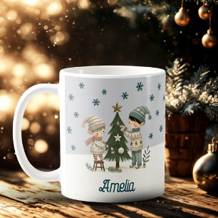 Süße Kinder Dekorieren Weihnachtsbaum Zeichnung Na Kaffeetasse