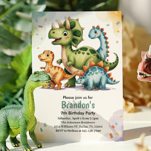 Süße Kinder Dinosaurier 7. Geburtstagsfeier Einladung