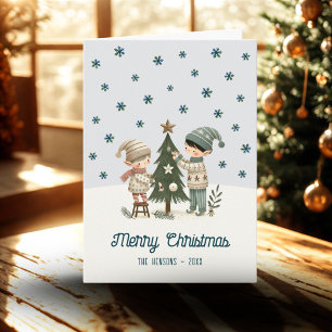 Süße Kinder schmücken den Weihnachtsbaum Zeichnung Feiertagskarte