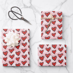 Süße Kinderkunst-Stil Rote Herzen auf Rosa Wasserf Geschenkpapier Set