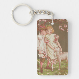 Süße kitschige Vintage-Valentinsgrüße, Kinder mit Schlüsselanhänger
