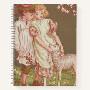 Süße kitschige Vintage-Valentinskarte, Kinder mit Notizbuch