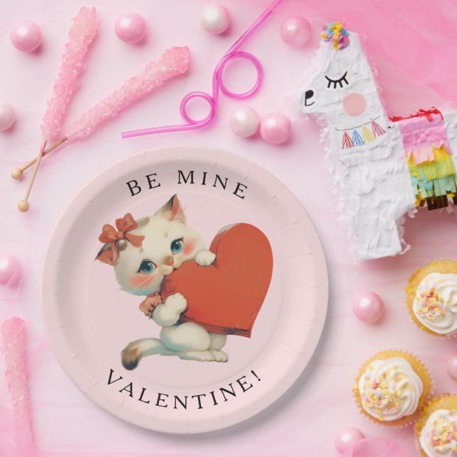 Süße Kitty Vintage Be Mine Valentinstag Pappteller (Party)