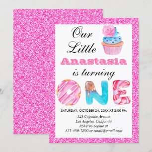Süße kleine Cupcake Pink Glitter 1. Geburtstag Ein Einladung