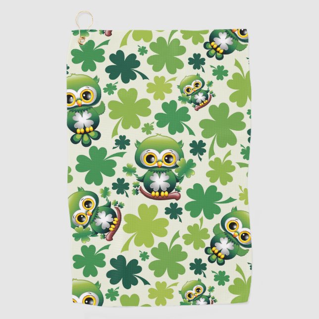 Süße kleine Eule St. Patrick Cartoon Golfhandtuch (Vorderseite)