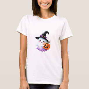Süße kleine Hexe fliegt auf Besen Frohes Halloween T-Shirt