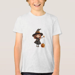 Süße kleine Hexe fliegt auf Besen Frohes Halloween Tri-Blend Shirt
