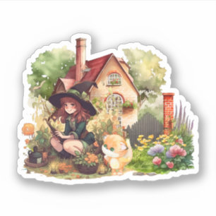 Süße kleine Hexe und Fuchs   Aufkleber