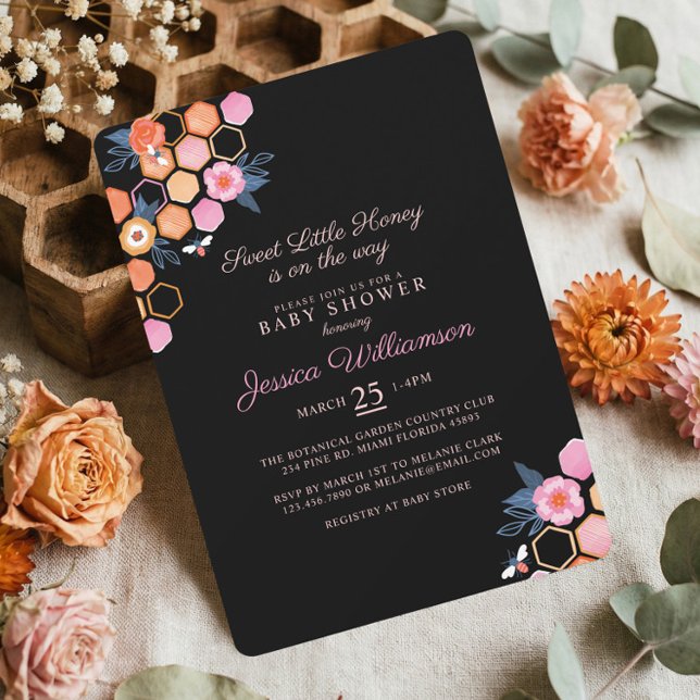 Süße kleine Honig unterwegs | Schwarze Blütenbiene Einladung (Sweet Little Honey Mommy to Bee Baby Shower Invitation)