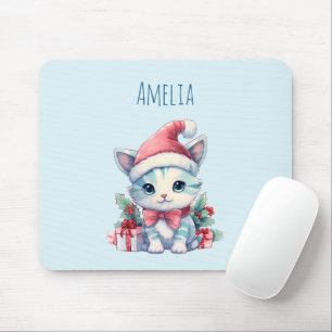 Süße kleine Katze mit Weihnachtsmannmütze zu Weihn Mousepad