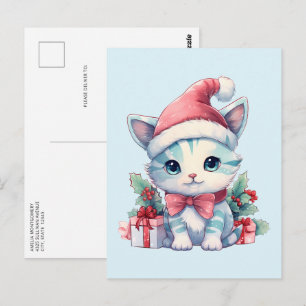Süße kleine Katze mit Weihnachtsmannmütze zu Weihn Postkarte