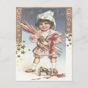 Süße kleine Mädchen-Bottle-Rockets Feuerwerk Postkarte