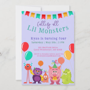 Süße kleine Monster Cartoon Violette Geburtstagsfe Einladung
