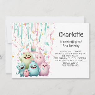 Süße kleine Monster Mädchen 1. Geburtstag Horizont Einladung