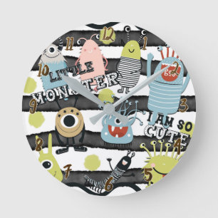 Süße kleine Monster Moderne Chic Wasserfarbe Strei Runde Wanduhr