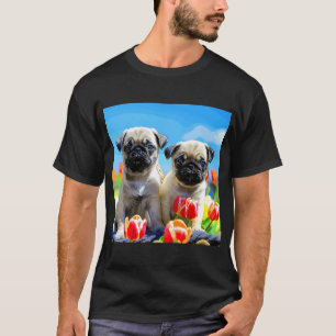 Süße kleine Mops-Welpen und Tulpen T-Shirt