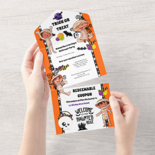 Süße kleine Mumien Monster Kinder Halloween Geburt All In One Einladung