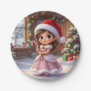 Süße kleine Prinzessin mit Weihnachtsmütze Pappteller
