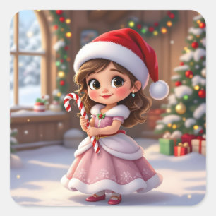 Süße kleine Prinzessin mit Weihnachtsmütze Quadratischer Aufkleber