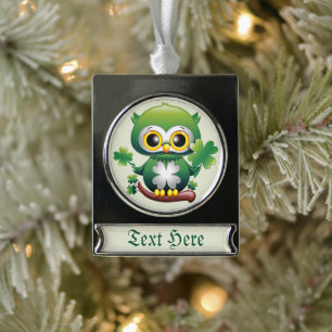 Süße kleine St. Patrick Cartoon-Eule Banner-Ornament Silber