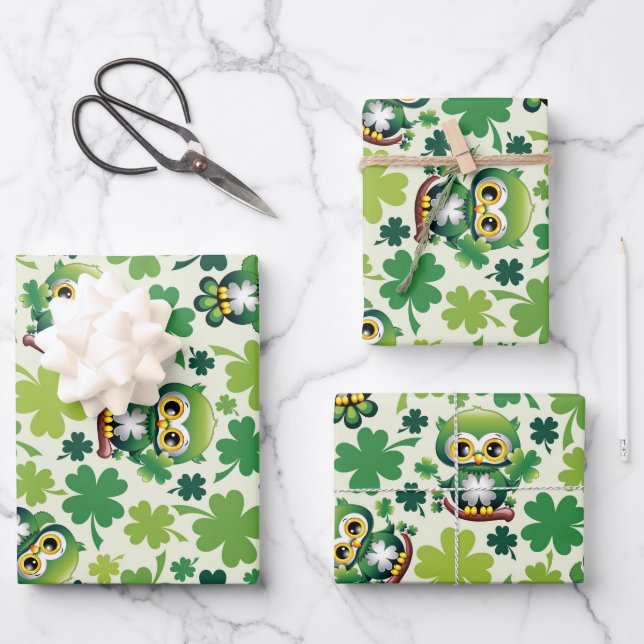 Süße kleine St. Patrick Cartoon-Eule Geschenkpapier Set (Vorderseite)