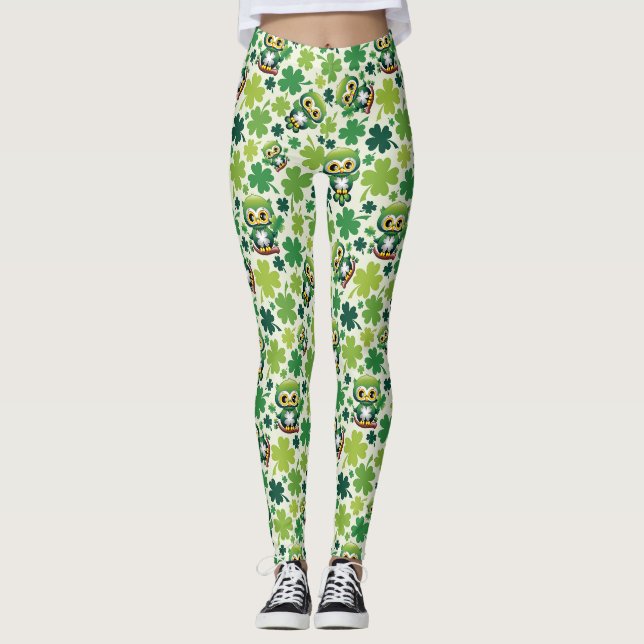 Süße kleine St. Patrick Cartoon-Eule Leggings (Vorderseite)