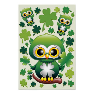 Süße kleine St. Patrick Cartoon-Eule Poster