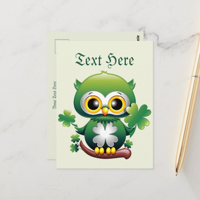 Süße kleine St. Patrick Cartoon-Eule Postkarte (Vorderseite/Rückseite Beispiel)