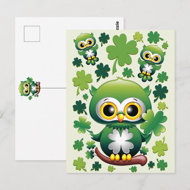 Süße kleine St. Patrick Cartoon-Eule Postkarte (Vorne/Hinten)