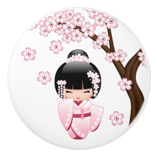 Süße Kokeshi-Puppe mit rosa Kimono Keramikknauf