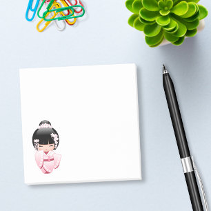 Süße Kokeshi-Puppe mit rosa Kimono Post-it Klebezettel