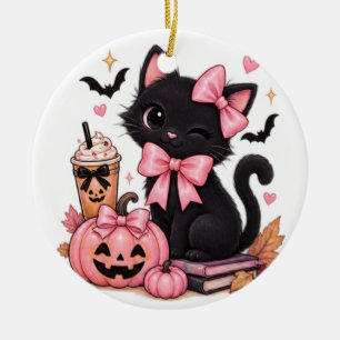 Süße Kokette schwarze Katze Halloween mit rosa Sch Keramik Ornament