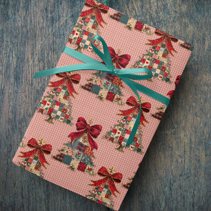 Süße Koketten-Patchwork-Gingham-Weihnachtsbäume Geschenkpapier