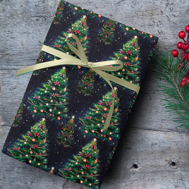 Süße Koketten-Weihnachtsbäume dunkle Navy Geschenkpapier (Von Creator hochgeladen)
