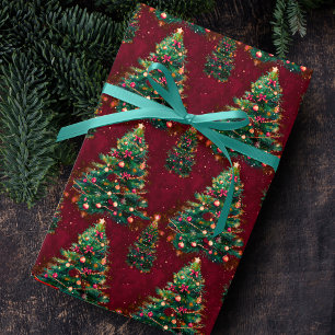 Süße Koketten-Weihnachtsbäume in Dunkelrot Geschenkpapier