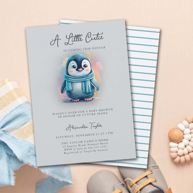 Süsse kommend Winter Pinguin Boy Baby Dusche Einladung (penguin baby shower invitation boy cute adorable sweet character watercolor cold snow winter)