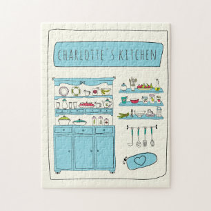 Süße Küchenillustration Blau Personalisierter Name Puzzle