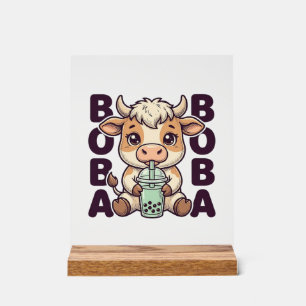 Süße Kuh Boba Tee Vintage Gravur T-Shirt Design Acrylschild