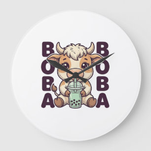 Süße Kuh Boba Tee Vintage Gravur T-Shirt Design Große Wanduhr