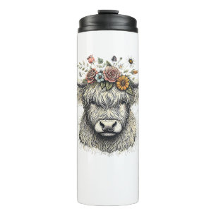 Süße Kuh Kalb Blumen Hand Illustration Bauernhof A Thermosbecher
