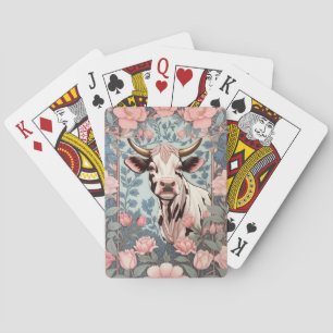 Süße Kuh mit rosa floralem Hintergrund Spielkarten