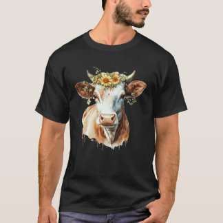Süße Kuh Sonnenblume Wasserfarbe Rindvieh Landwirt T-Shirt