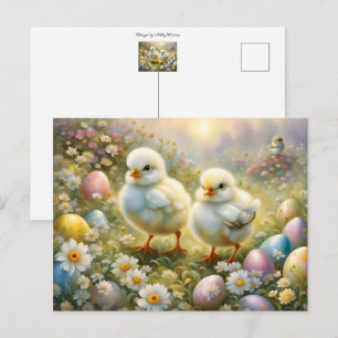 Süße Küken auf einer Wiese mit Ostereiern, vintage Postkarte