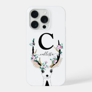 Süße künstlerische rosa florale Hirsch-Tier-Monogr iPhone 15 Pro Hülle