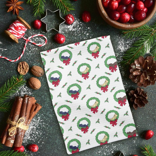 Süße Lab Welpen Weihnachtskränze Muster Geschirrtuch (Von Creator hochgeladen)