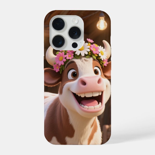 Süße lächelnde Kuh mit Blumenkrone Ästhetik iPhone Hülle (Rückseite)