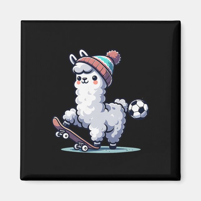 Süße Lama auf Skateboard mit Fußballmütze  Magnet (Vorne)