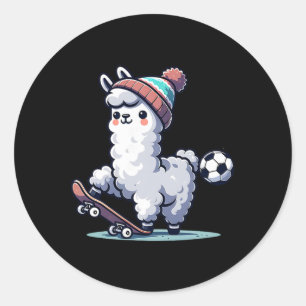 Süße Lama auf Skateboard mit Soccer Byll Beanie Runder Aufkleber
